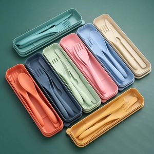 Portable Travel Cutlery Set Wheat Straw Eco Friendly Reusable Knife Fork Spoon With Storage Case For Office School Picnic