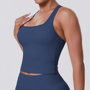 Detail of navy blue sports vest with soft brushed fabric and high elastic fit for yoga