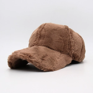 Warm brown faux fur baseball cap for women, stylish thick plush winter hat in solid color