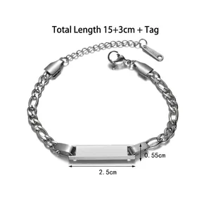 Detailed view of silver stainless steel Figaro chain bracelet with flat rectangular ID plate