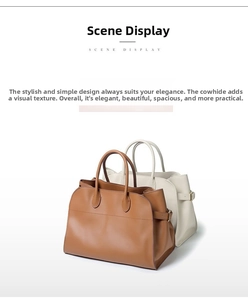 Detail of genuine leather tote bags in brown and white with side adjustable buckle straps