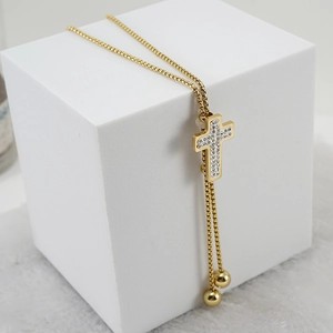 18K gold plated titanium steel cross sweater necklace with diamonds and bead charms