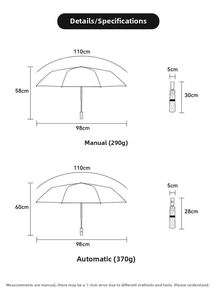 Detailed dimension guide for manual and automatic Capybara umbrella models and sizes