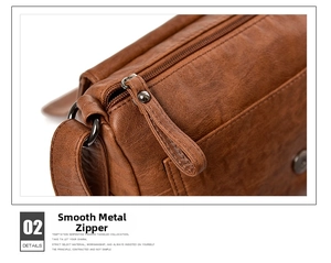 Detail of smooth gunmetal zipper and high-quality lychee texture on brown PU leather bag