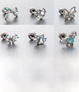 Detailed specs for titanium steel ear studs with blue opal and zircon butterfly designs