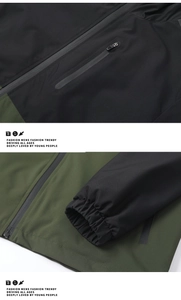 Dettaglio della cerniera impermeabile e polsini elastici su giacca outdoor bicolore