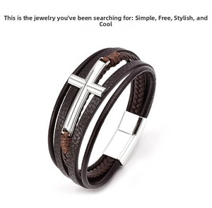Detailed view of dark brown multilayer leather braid with silver metal cross and magnetic clasp