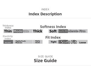 Detailed chart showing moderate thickness, soft feel, no elasticity, and slim fit index