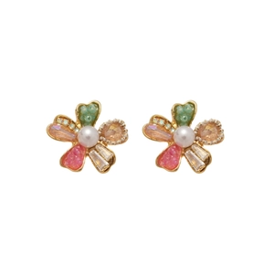 Floral crystal stud earrings with colorful petals and center pearl on golden base