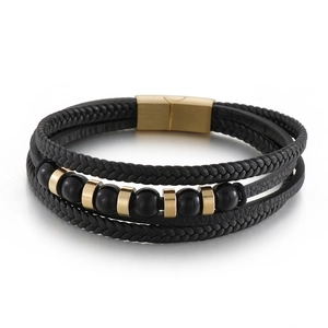 Men's multilayer black braided leather bracelet with gold metal clasp and glossy beads