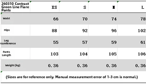 Size chart for women's flare pants showing waist, hip, and length measurements in cm