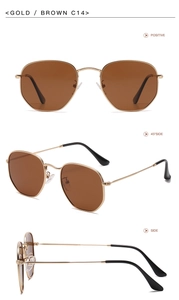 Three-view layout of irregular metal sunglasses in gold frame with brown lenses