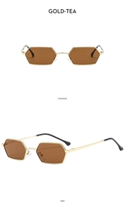 Front and side views of gold metal hexagonal sunglasses with brown tinted lenses