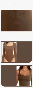 Detail of chocolate ribbed knit bodysuit showing seamless texture and square neck design
