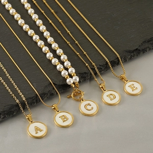 18k gold plated stainless steel letter necklace set with shell inlay and pearl chains