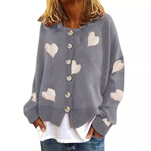 Women's grey knit cardigan with white heart patterns and single-breasted button closure