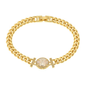 Detail of gold Cuban chain bracelet with large oval centerpiece and crystal accents