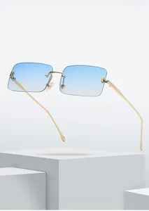 Detailansicht der randlosen rechteckigen Sonnenbrille mit blauen Verlaufsgläsern und Goldrahmen