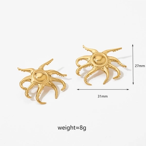 Golden octopus stud earrings with size and weight measurements on a clean white backdrop