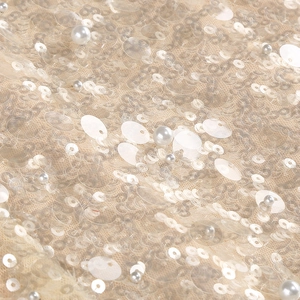 Detail of champagne evening dress featuring white sequins and pearl embroidery on mesh