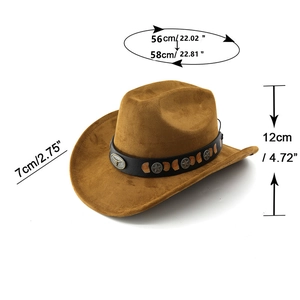 Detailed size specifications for the brown suede cowboy hat featuring metal ornaments