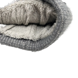 Close-up of thick grey faux fur lining and chunky knit texture for winter warmth