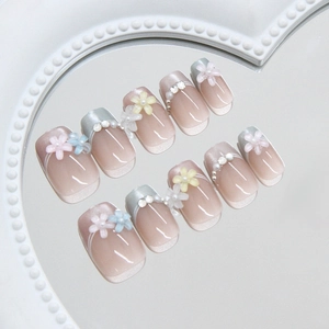 Handmade Cat Eye Press On Nails With 3D Daisy Flower Pearl Sweet French ABS Reusable False Nails For Women Daily Decor