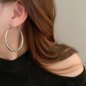 Silver hoop earrings with textured finish shown on model for size and style reference