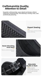 Detail of black mesh sun visor featuring sweatband, adjustable buckle, and reinforced stitching