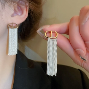 Detailed view of long tassel earrings with CD logo stud and metallic fringe chains