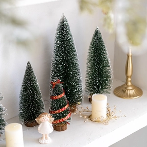 Mini green flocked Christmas tree set with ceramic angel and candles for table decor