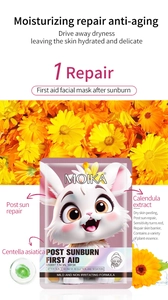Detail showing cartoon rabbit face mask packaging with calendula flowers background