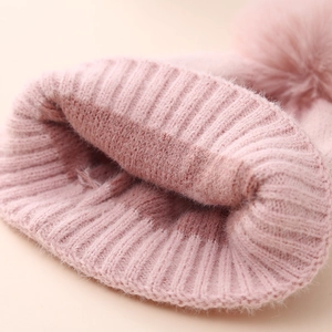 Winter infant pink heart knit hat with large pompom and thick thermal double layer