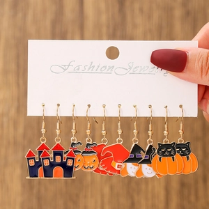 Creative Halloween enamel earring set with ghost pumpkin castle and black cat motifs