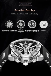 Macro shot of LIGE triangle shield watch face with chronograph sub-dials and calendar