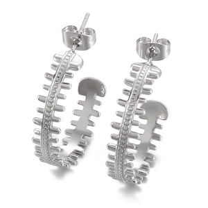 Silver geometric C-shape hoop earrings with industrial spine texture and beaded edge