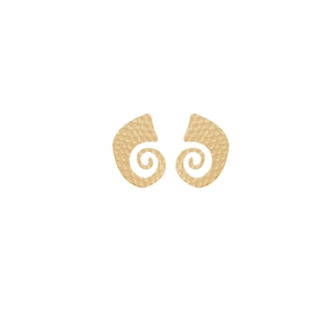 Detailed view of gold spiral earrings with a hammered texture and vintage finish