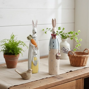 Vintage Resin Rabbit Figurines Wood Carving Effect Rustic Farmhouse Home Decor Easter Bunny Statues Animal Ornaments