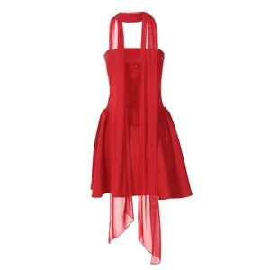 Detailed back view of red halter dress with long sheer tulle ribbons and zipper closure