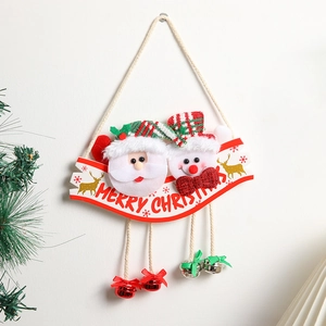 Christmas door hanging with Santa Claus, Snowman and red Merry Christmas banner