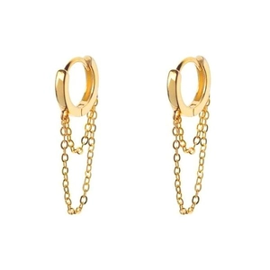 Minimalist gold tassel drop earrings featuring double delicate chains and sleek hoops