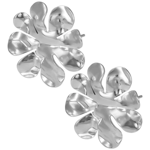 Detailed view of silver irregular floral studs with unique metallic wavy texture