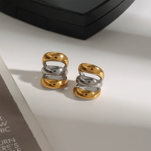 Orecchino a clip a tre strati in acciaio inossidabile bicolore oro 18k e argento