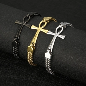 Ägyptisches Ankh Kreuz Armband Edelstahl Doppelreihig Geflochtene Kette Hip Hop Punk Herren Schmuck