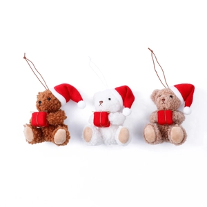 Three plush Christmas bears with red hats and gift boxes, festive holiday ornaments