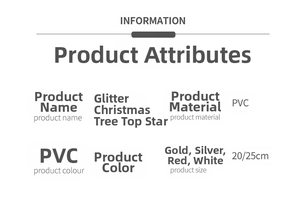 Specifications for PVC glitter Christmas tree toppers in gold, silver, red, white, 20-25cm