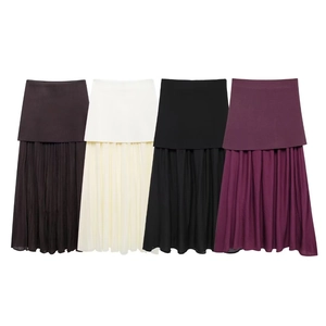 Detail view of four pleated midi skirts in coffee, off-white, black, and burgundy colors