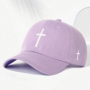 Lavender cotton baseball cap with white cross embroidery and curved brim for outdoors