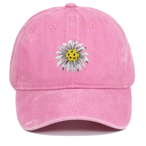 Pink washed cotton baseball cap with vintage daisy embroidery and distressed dad hat style