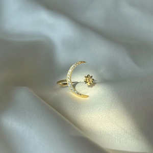 Elegant gold S925 sterling silver open ring with star and moon zircon elements